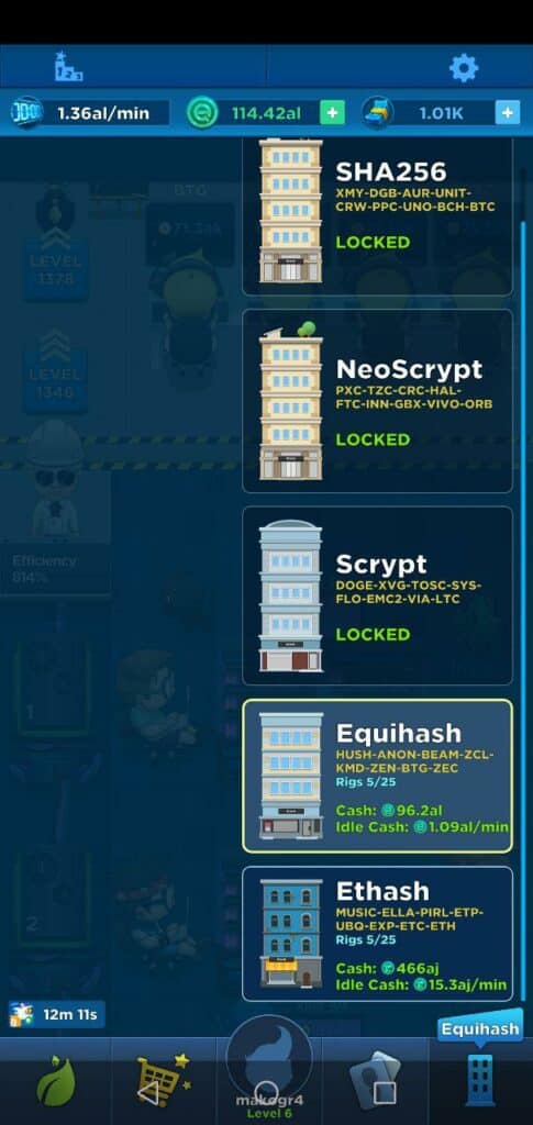 CryptoIdleMiner Buildings It was about time to see a fun and addictive Play-to-Earn blockchain game for Android & iOS. Crypto Idle Miner combines 5 niches into one. Mobile, Games, Crypto, Mining and play to earn model. As an idle game, you get to play while multitasking, with no option to lose your earnings, The game rewards players even when offline. Read below our Crypto Idle Miner Review.