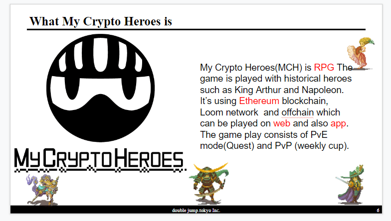 MCH game intro MyCryptoHero(MCH) had 3 days ago their first meetup outside of Japan with Kokushi, Biz Dev for MCH, giving an excellent presentation on their game. It was a humble meetup and lots of people were introduced to the most successful and biggest dapp in Japan as well as the most popular blockchain game.For those of you new to MCH, here is a short description of the game. You can also read about our first interview with Kokushi.