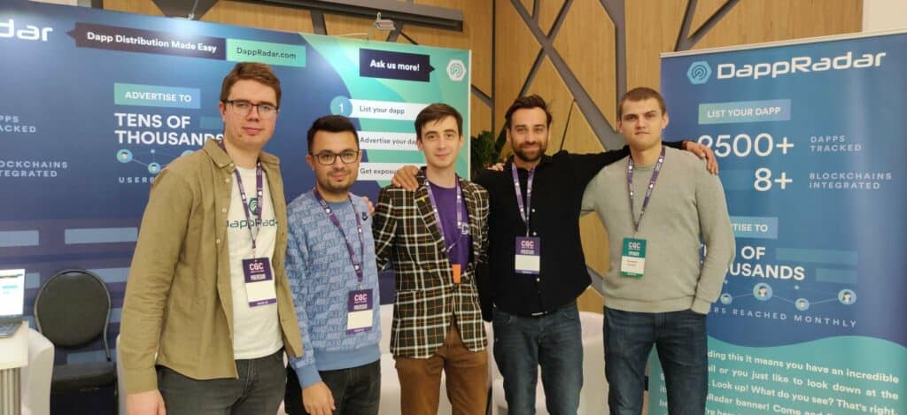 dappraddar team cgc This month i had the pleasure of meeting with the DappRadar team at the CGC conference in Ukraine. Among all the talented people the group consists of, Jon Jordan was also there, Communications Director at DappRadar.com and Editor at BlockchainGamer.Biz.