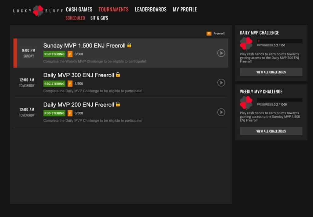 luckybluff tournament Today I’m chatting with Chris Lewis, founder of Luckybluff.io, an Enjin powered poker platform (the first I believe) that’s recently hit the scene. I have to acknowledge here that I love poker, even when losing ha, as part of the fun is the social side of it, so it’s cool to finally see one pop up! Using Enjin as poker chips was a natural use case in my mind, but I haven’t played a hand yet, so it’ll be great to get the run down before hitting the green felt for the upcoming tournament where 3000ENJ minimum is up for grabs on 23 November 10am PST.