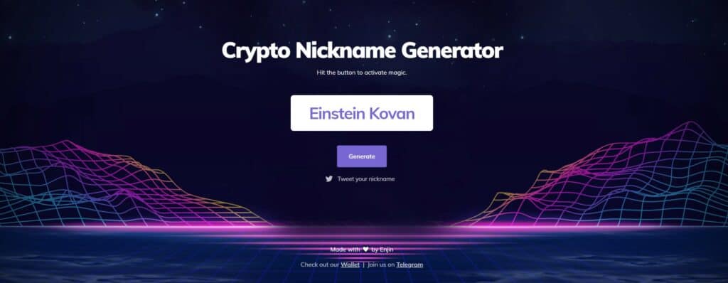 einstein kovan enjin crypto nickname It's time for some fun! What Nickname would you like to have in the crypto space? Enjin has launched a special page that will automatically generate a nickname for you. :) Head over to this page and get your own! Einstein Kovan sounds perfect for us :)