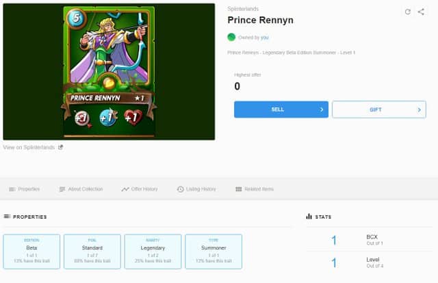 Splinterlands prince Rennyn card erc721 opensea