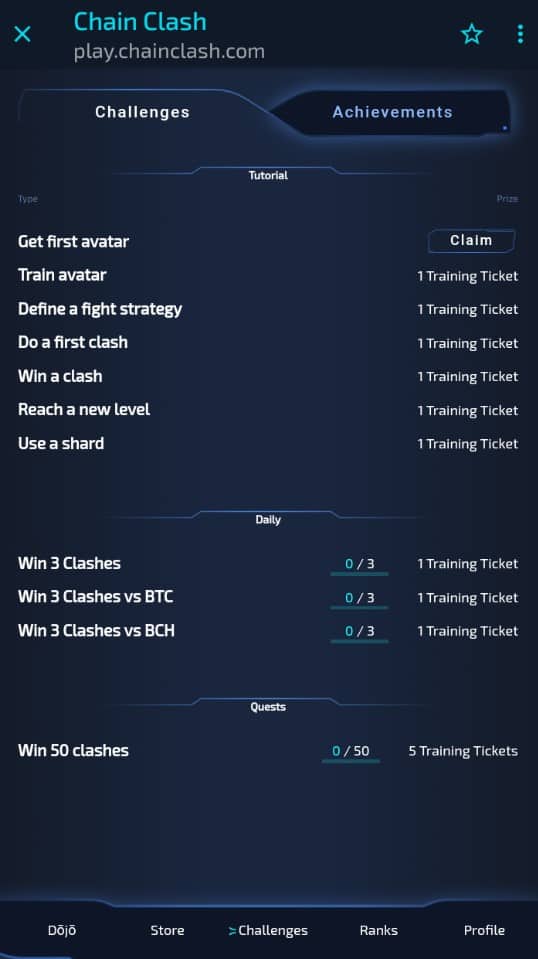 Chain Clash challenges starting screen Today we play Chain Clash. Should you too? Read our Chain Clash Review and find out! The first fighting game on EOS blockchain.