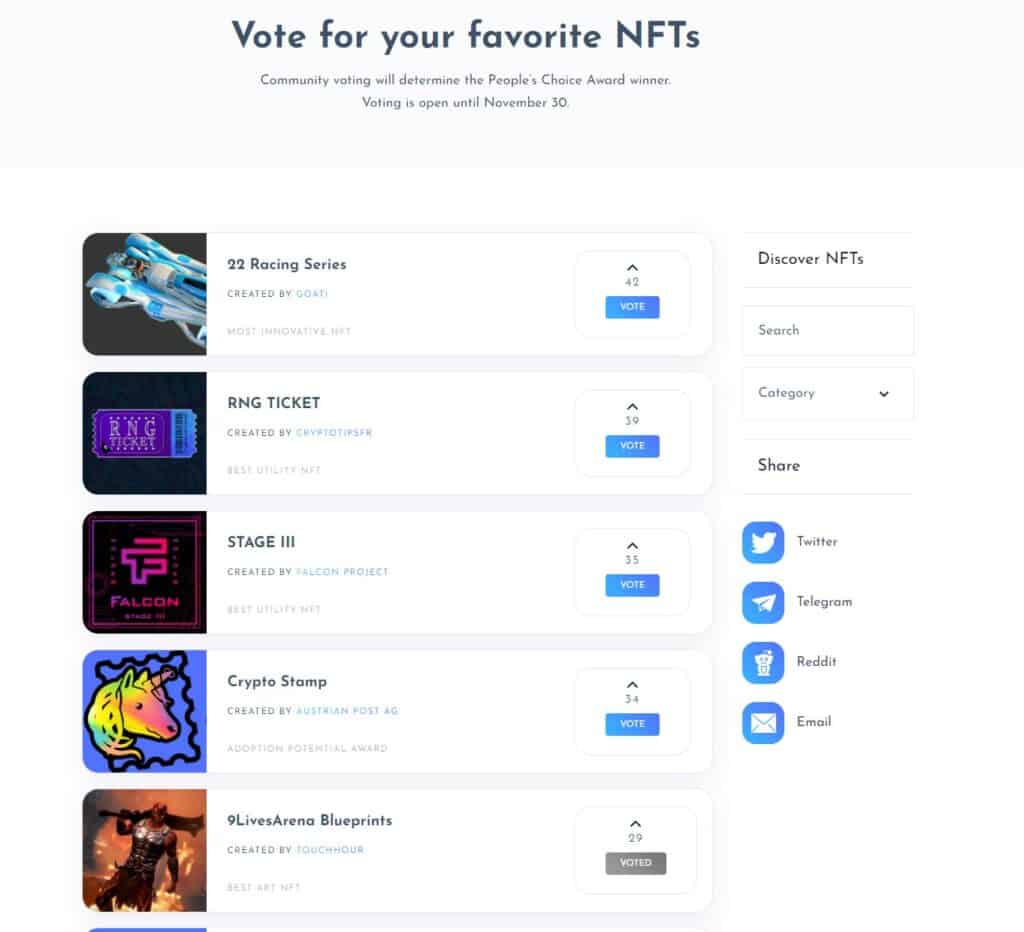 NFT AWARDS ENJIN Vote today for your favorite Non-Fungible Tokens in the First Annual NFT Awards. The most voted token will receive the People's Choice Award.