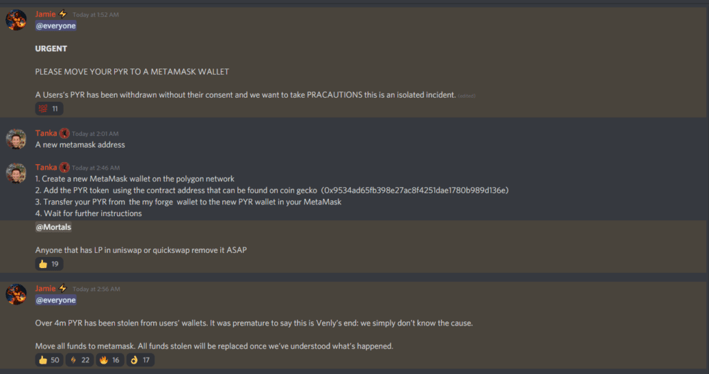 image 2 An unfortunate incident took place today 13/12/21 midnight time as a hacker (or a group of people) have managed to exploit the servers of Vulcan Forged ecosystem and got access to to the private keys of 96 wallets holding over 4,5 million $PYR tokens worth over 144 Million at that time.