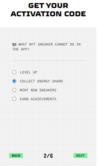 What nft sneaker cannot do in the app collect energy shard quiz stepn Are you looking how to get a STEPN activation code and start walking for crypto? This step-by-step guide will help you to find an activation code for STEPN App in no time!