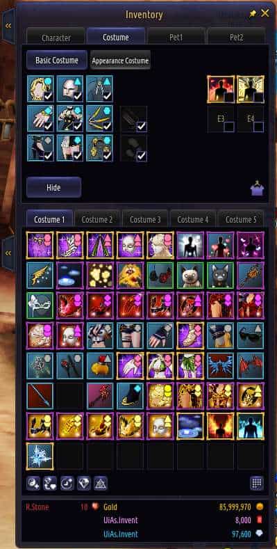 inventory costume kritika global In the inventory window, you can view your character information, costume information, and pet information.