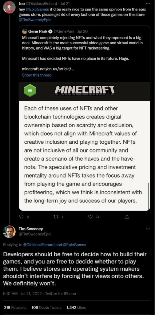 epic games ceo tweet about nft integration Epic Games will take a different direction from Microsoft, which decided to ban NFT integration on Minecraft.