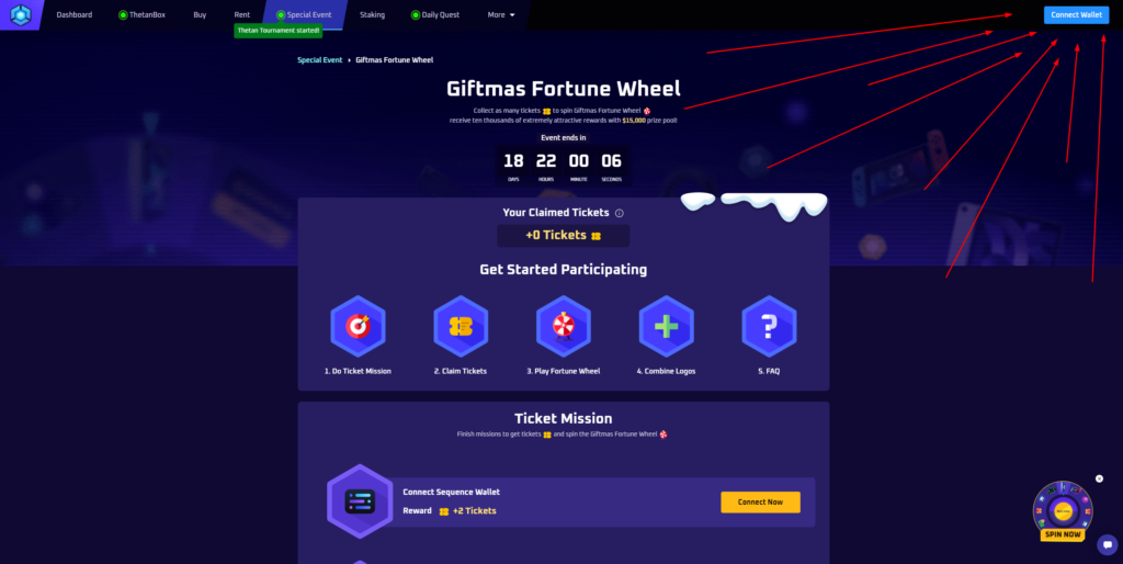 This image shows how users can earn a free fortune wheel ticket in the Thetan Arena Marketplace event
