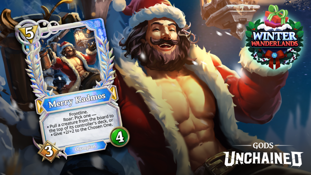 Media Merry Kadmos Card Reveal Leading Web3 trading card game Gods Unchained is celebrating Christmas by releasing 20 holiday-themed NFT collectibles called Winter Wanderlands.