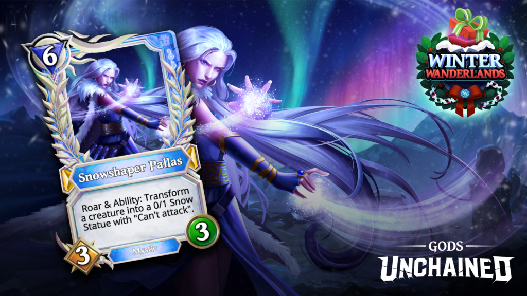 Media Snowshaper Pallas Card Reveal Leading Web3 trading card game Gods Unchained is celebrating Christmas by releasing 20 holiday-themed NFT collectibles called Winter Wanderlands.