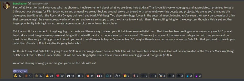 gala games partnership announcement with dwayne johnson and mark wahlberg Howdy egamers? I hope you are having a great day. Gala Games, a blockchain-based gaming studio that recently acquired a mobile gaming studio with over 20M users, announced via its discord server that it is currently working with the Rock (aka Dwayne Johnson) and Mark Wahlberg for two films.