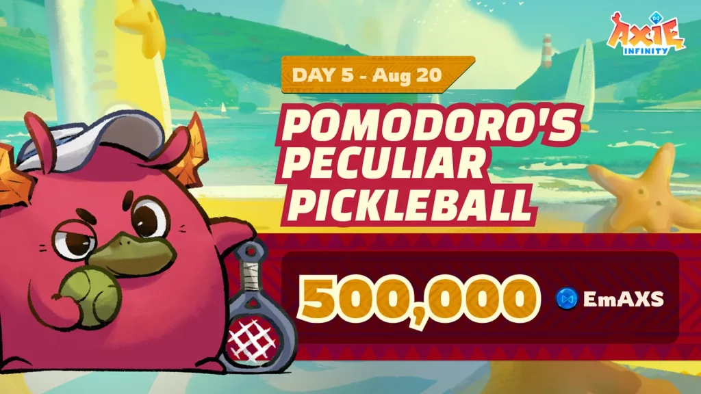 Axie Olympics Pomodoros Peculiar Pickleball The first-ever Axie Olympics: Grand Summer Showdown has been unveiled, allowing players to participate in a series of six contests over six days to win a share of the 3,000 AXS prize pool and exclusive cosmetic rewards.