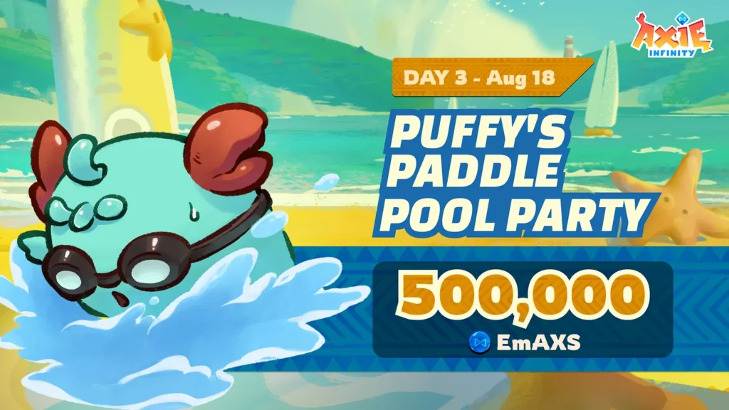 Axie Olympics Puffys paddle pool party The first-ever Axie Olympics: Grand Summer Showdown has been unveiled, allowing players to participate in a series of six contests over six days to win a share of the 3,000 AXS prize pool and exclusive cosmetic rewards.