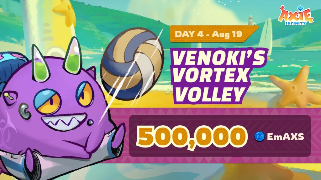 Axie Olympics Venokis Vortex Volley The first-ever Axie Olympics: Grand Summer Showdown has been unveiled, allowing players to participate in a series of six contests over six days to win a share of the 3,000 AXS prize pool and exclusive cosmetic rewards.