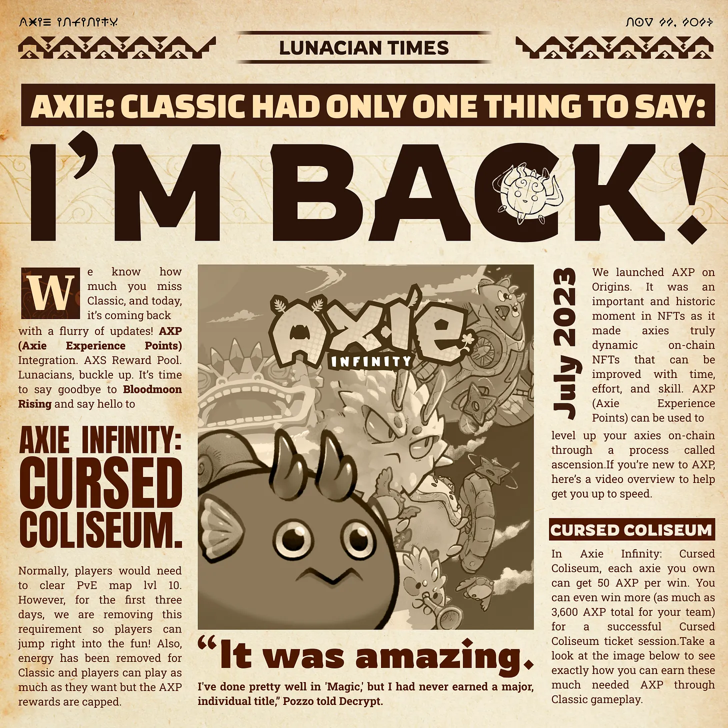 axie infinity classic • Axie Classic is back! Bloodmoon Rising is now Cursed Coliseum! However, the Cursed Coliseum is more than a name: there are actual curses in the Coliseum!• Starting today, players can earn up to 2,400 AXP per axie every day in Axie Classic. 1 victory = 50 AXP per axie. More details below.• Introducing the Grand Tournament Game Mode! Compete against the fiercest warriors in Lunacia for the ultimate prize — a Mystic axie.