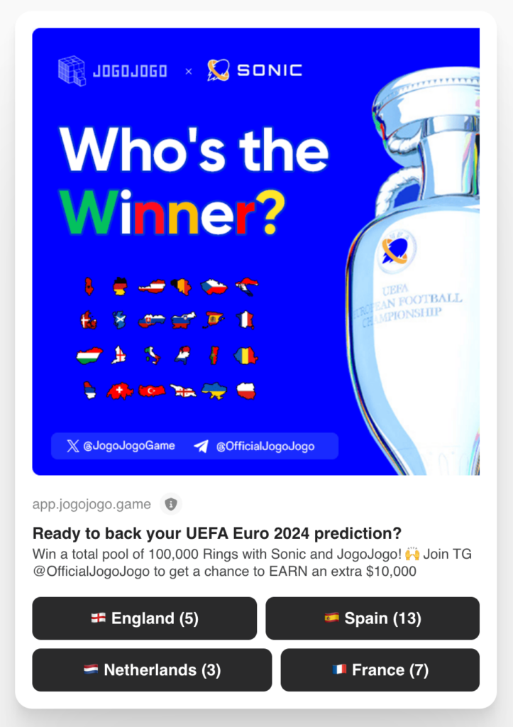 jojo eufa JOJOGO, a prediction market game on Solana, has unveiled the first implementation of Blink on Atomic SVM via Sonic. This new feature will allow users to predict the outcomes of the UEFA Euro 2024 tournament, with over $10,000 in prizes available for participants who correctly forecast the results.