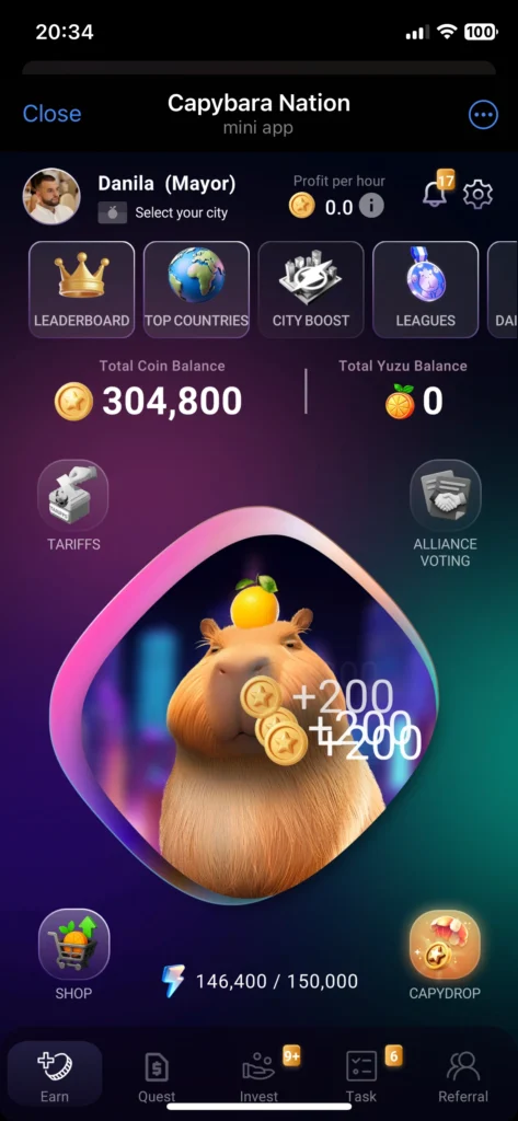 Capybara Nation gameplay screenshot 1 – Minigames crypto game on Cronos