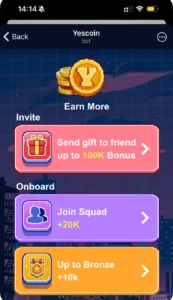 Yescoin gameplay screenshot 2 – Casual crypto game on TON