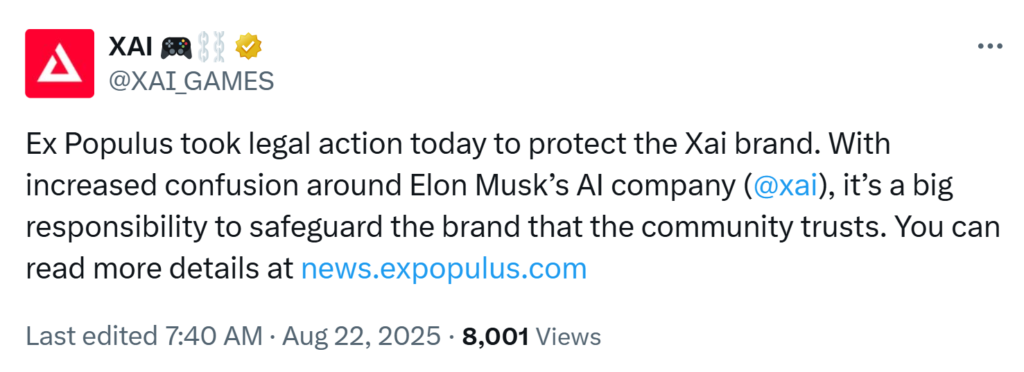 0198dad9 7651 7c30 bd77 8f69e679a0bb Ex Populus, the company behind Ethereum-based gaming network Xai, has filed a lawsuit against Elon Musk’s artificial intelligence firm xAI.