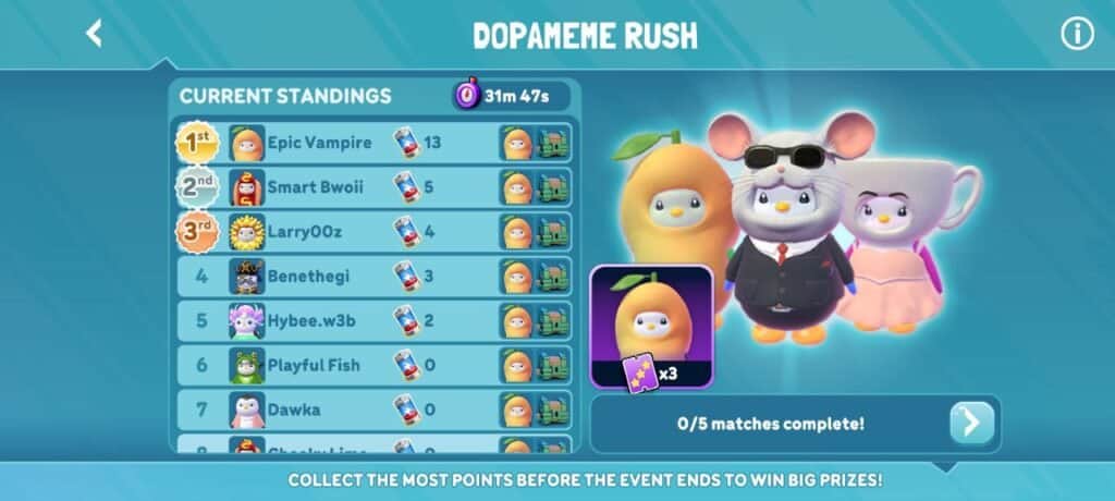 Pudgy Party Review dopameme rush leaderboard You know it's time to try a game when so many people are talking about it. Pudgy Party Battle Royale, from the IP of Pudgy Penguins, has become popular lately, so I decided to give it a try and write my honest Pudgy Party Review. Throughout this review, I'll detail my experiences and observations while playing the game, so stick around for my full Pudgy Party Review.