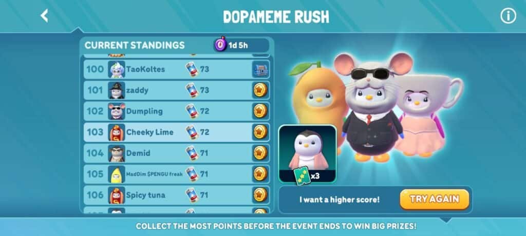 pudgy party dopameme event placement You know it's time to try a game when so many people are talking about it. Pudgy Party Battle Royale, from the IP of Pudgy Penguins, has become popular lately, so I decided to give it a try and write my honest Pudgy Party Review. Throughout this review, I'll detail my experiences and observations while playing the game, so stick around for my full Pudgy Party Review.