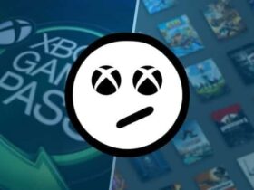 Split image of the Xbox Game Pass logo on the left, a collage of its catalogue on the right, with a sloped-mouth emoji with Xbox logos for eyes in the centre