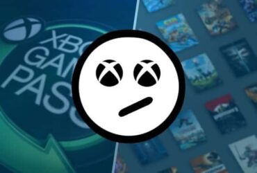 Split image of the Xbox Game Pass logo on the left, a collage of its catalogue on the right, with a sloped-mouth emoji with Xbox logos for eyes in the centre