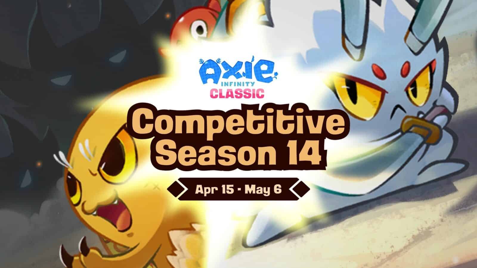 axie 14 Axie Classic Competitive Season 14 is now underway, running from April 15 to May 6, 00:00 UTC. This new season introduces an exciting challenge for players with a substantial prize pool of 36,000 bAXS at stake. Participants have various avenues to compete and win, including climbing the Guild Leaderboard, participating in daily mini-tournaments, and aiming for top ranks in the Arena Leaderboard.
