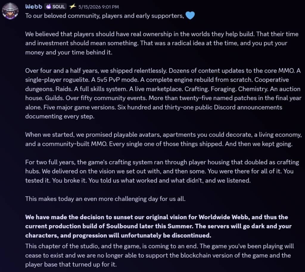 Soulbound Ditches Web3, Will Relaunch as paid Steam Game This Summer