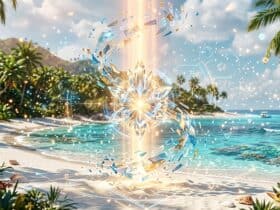 A glowing crystalline star floats above a tropical beach, surrounded by swirling shards and digital light patterns