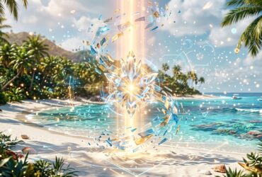 A glowing crystalline star floats above a tropical beach, surrounded by swirling shards and digital light patterns