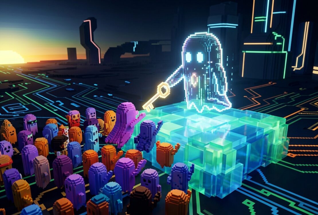 A large glowing pixel ghost holds a golden key above a crowd of colorful voxel characters in a futuristic digital city