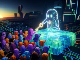 A large glowing pixel ghost holds a golden key above a crowd of colorful voxel characters in a futuristic digital city