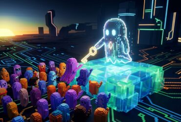 A large glowing pixel ghost holds a golden key above a crowd of colorful voxel characters in a futuristic digital city