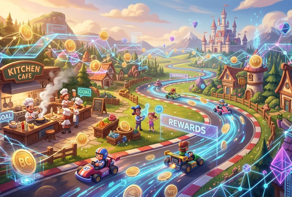 Cartoon illustration of a gamified ecosystem with a kitchen, racing track, and floating crypto coins and digital networks