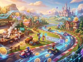 Cartoon illustration of a gamified ecosystem with a kitchen, racing track, and floating crypto coins and digital networks