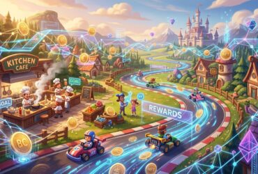 Cartoon illustration of a gamified ecosystem with a kitchen, racing track, and floating crypto coins and digital networks