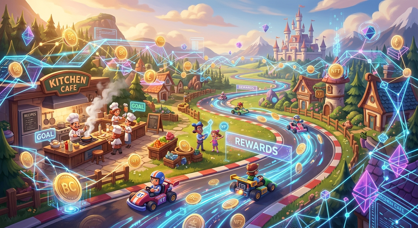 Cartoon illustration of a gamified ecosystem with a kitchen, racing track, and floating crypto coins and digital networks
