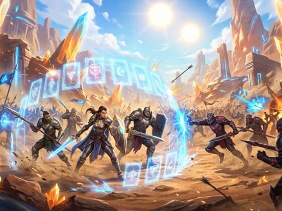 Fantasy heroes defend against an army in a crystal desert, protected by a magical barrier of glowing cards