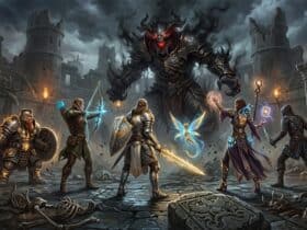 Five fantasy adventurers face a giant, shadowy demon with glowing red eyes in a ruined arena