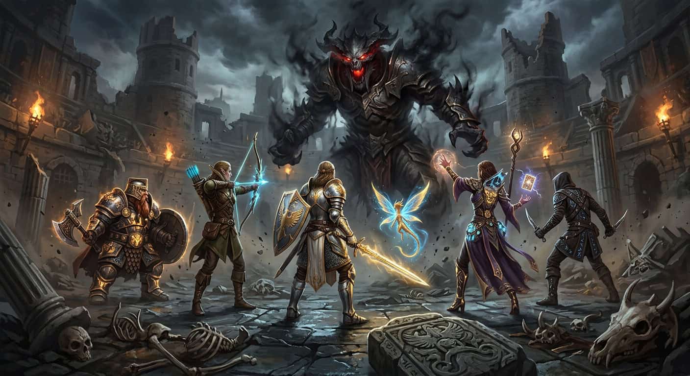 Five fantasy adventurers face a giant, shadowy demon with glowing red eyes in a ruined arena