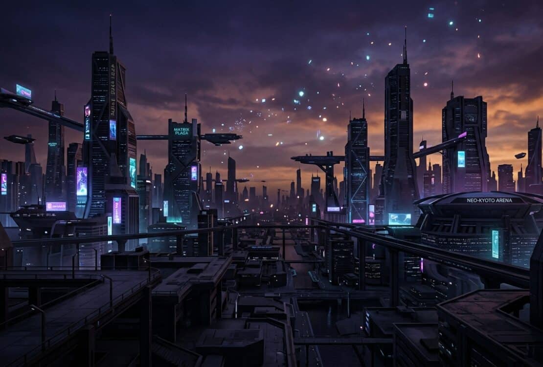 Futuristic cyberpunk cityscape at night with neon-lit skyscrapers, flying vehicles, and a glowing sky