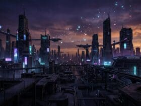 Futuristic cyberpunk cityscape at night with neon-lit skyscrapers, flying vehicles, and a glowing sky