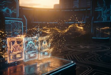 Glowing holographic cards for Warrior, Creature, and Explorer in a futuristic digital environment