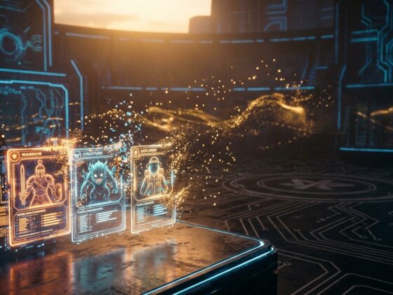 Glowing holographic cards for Warrior, Creature, and Explorer in a futuristic digital environment