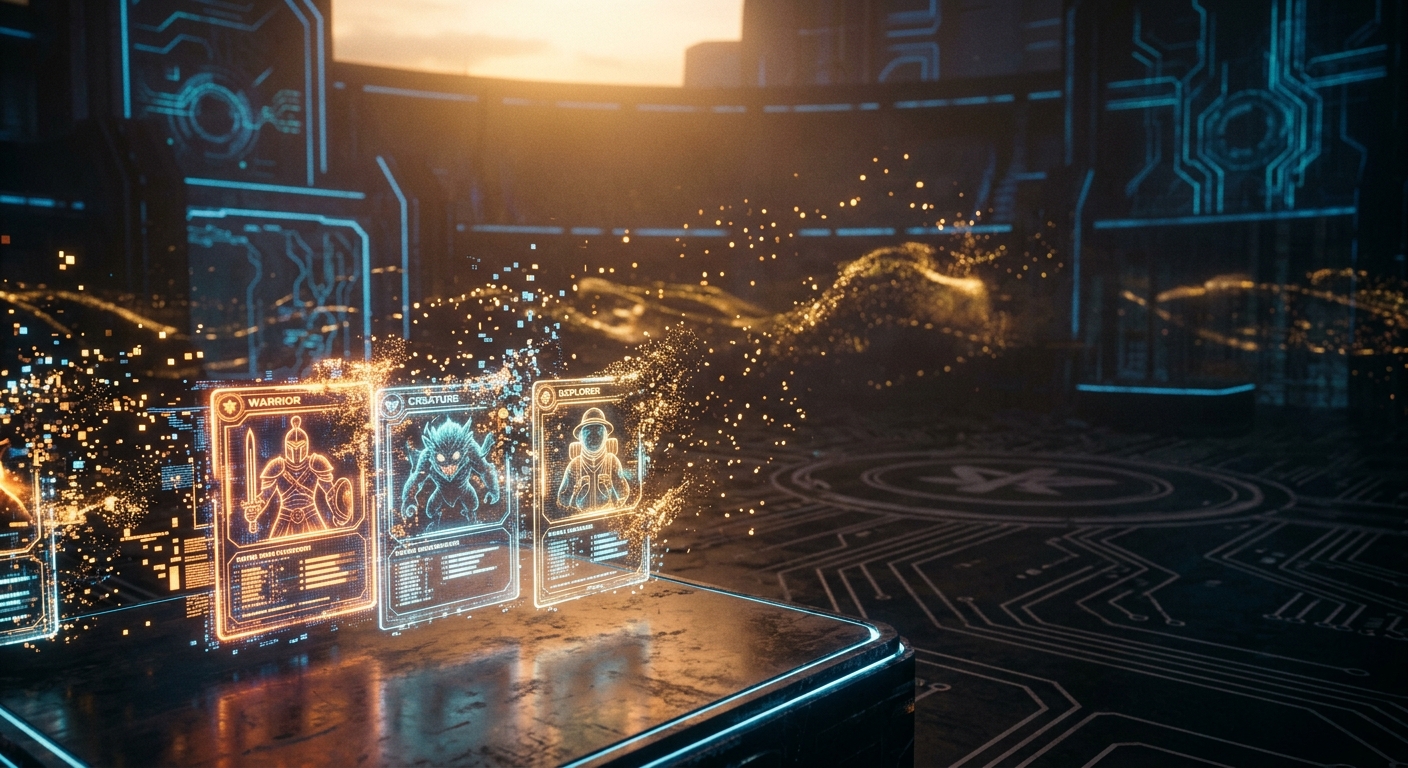 Fantasy Top Closes Due to Poor Player Involvement 25 Glowing holographic cards for Warrior, Creature, and Explorer in a futuristic digital environment