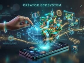 Illustration of a mobile-first creator ecosystem showing digital world-building with blockchain and secure ownership