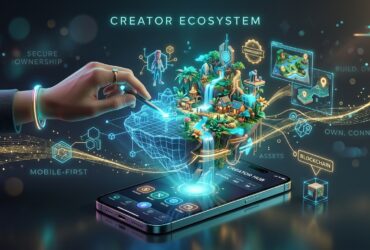 Illustration of a mobile-first creator ecosystem showing digital world-building with blockchain and secure ownership