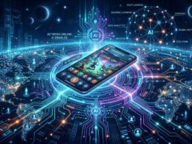 Smartphone displaying an AI-optimized mobile game over a digital world map with AI and machine learning labels